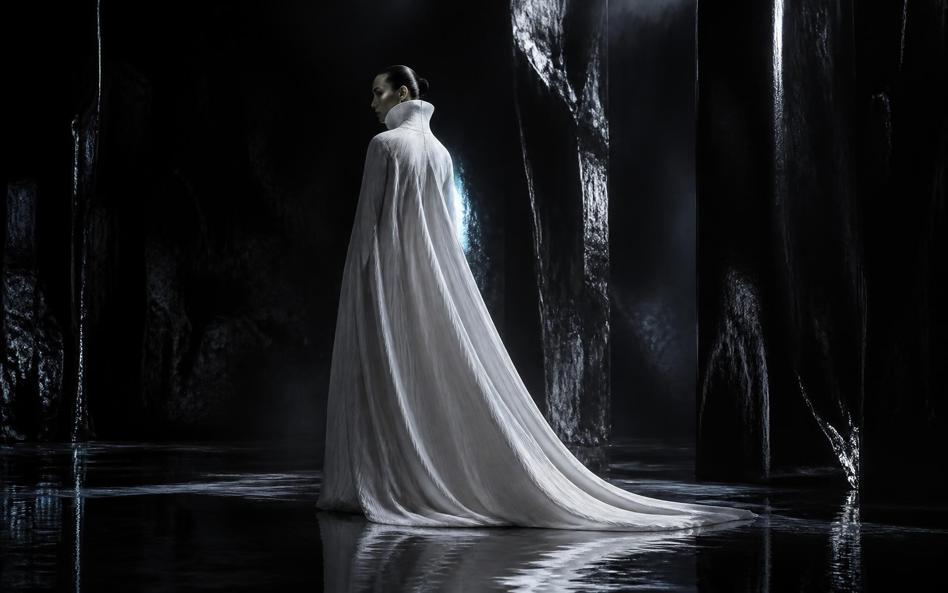 Figure in pearl couture inside an obsidian hall with chrome reflections